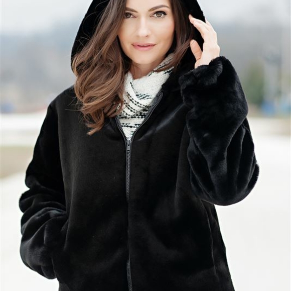 BLACK SHEARED BEAVER FAUX FUR HOODED PARKA - Picture 9 of 12